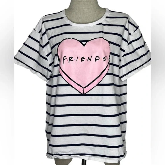 Friends TV Series Womens Tshirt White Blue Striped Short Sleeve Plus Size Heart - Picture 1 of 12